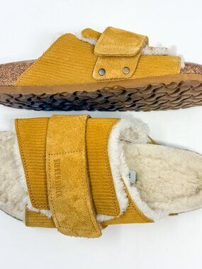 Birkenstock Kyoto Shearling Slides Unisex M7 W9 Corduroy Cork Brown
